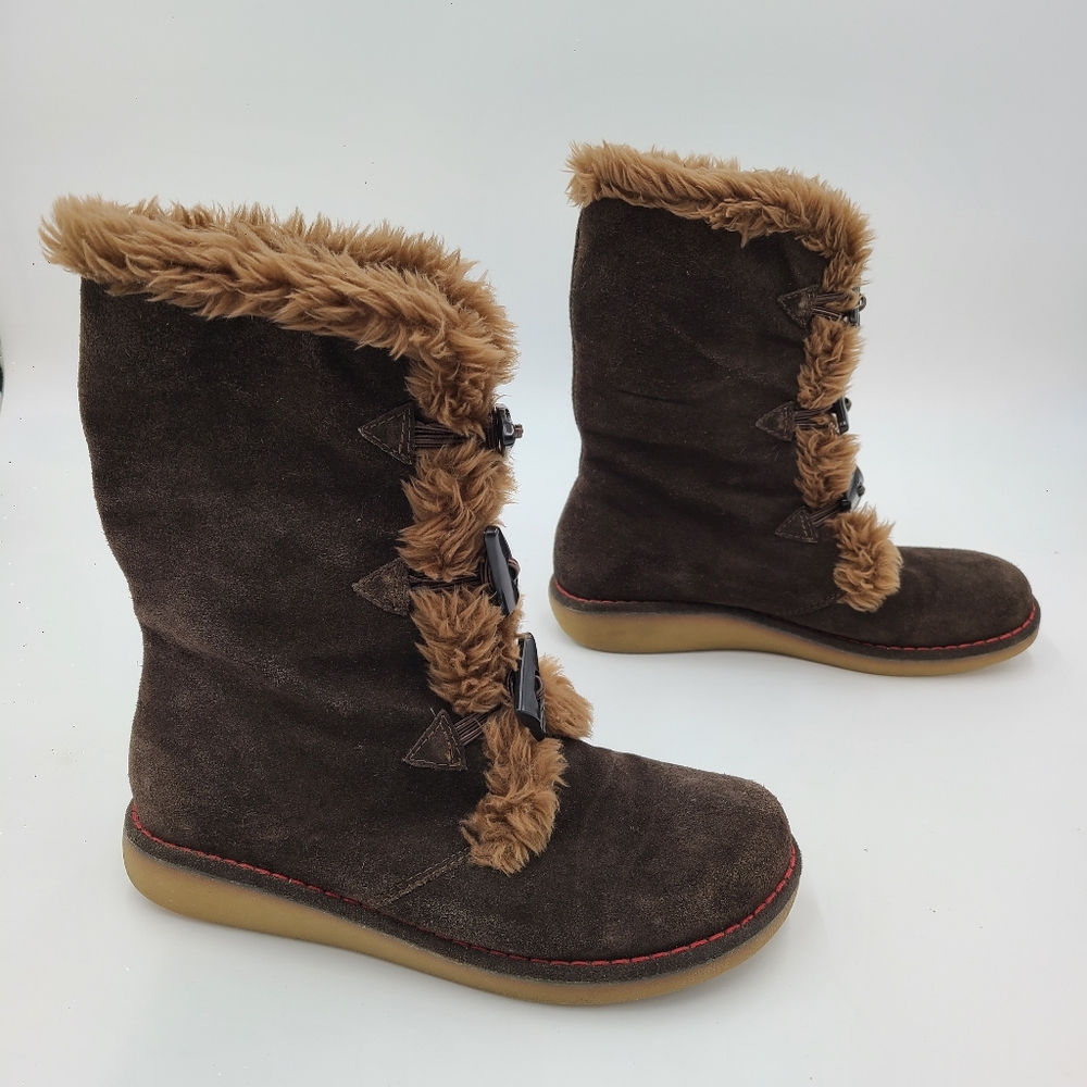Earth Shoes Wyando Suede 9.5"Midcalf height Leather/ Fur Trim Boots woman 8